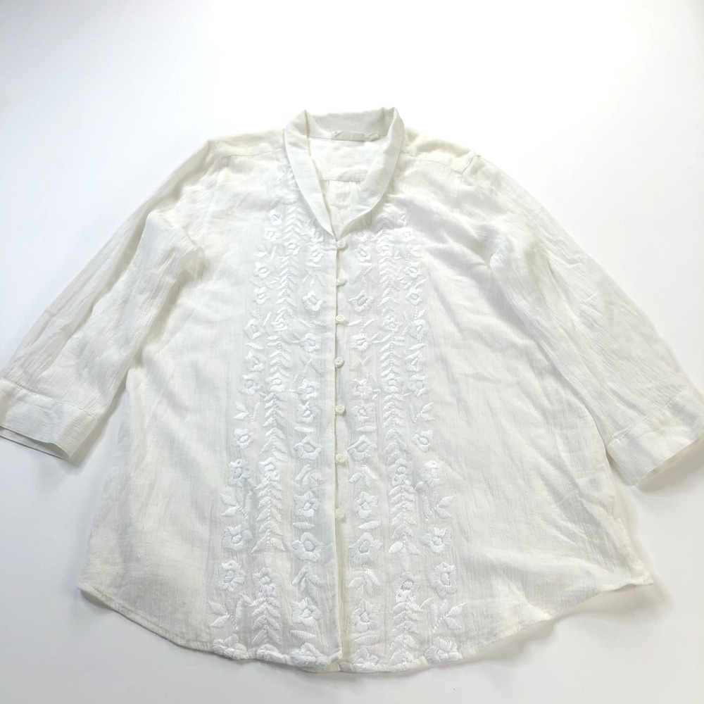 J. Jill Uncommon Threads Med Cotton Embroidered Button Long Sleeve Shirt Ivory